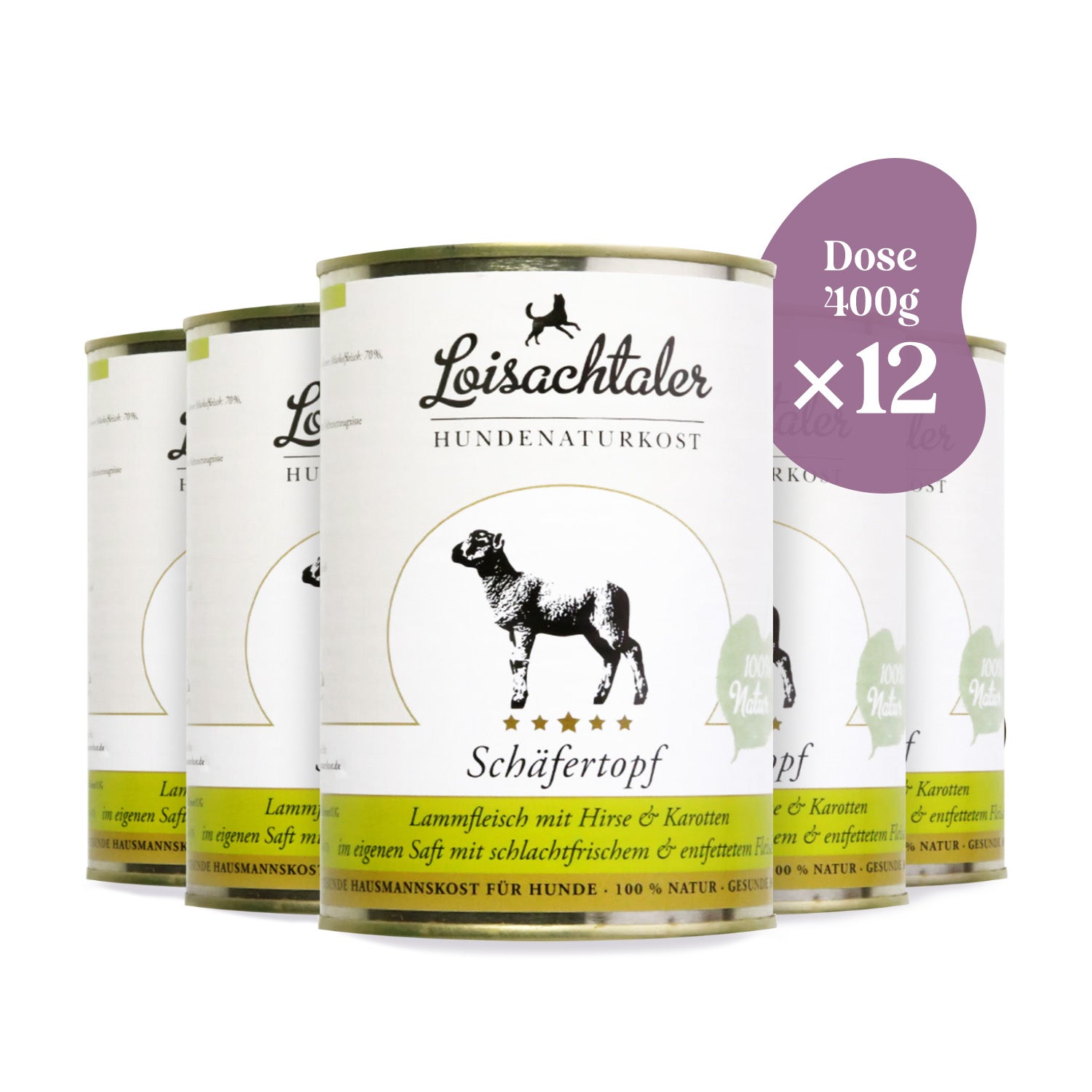 Im Sparpack von 12 x 400 g Dosen ist der Loisachtaler - Schäfertopf von PetsFinest erhältlich.