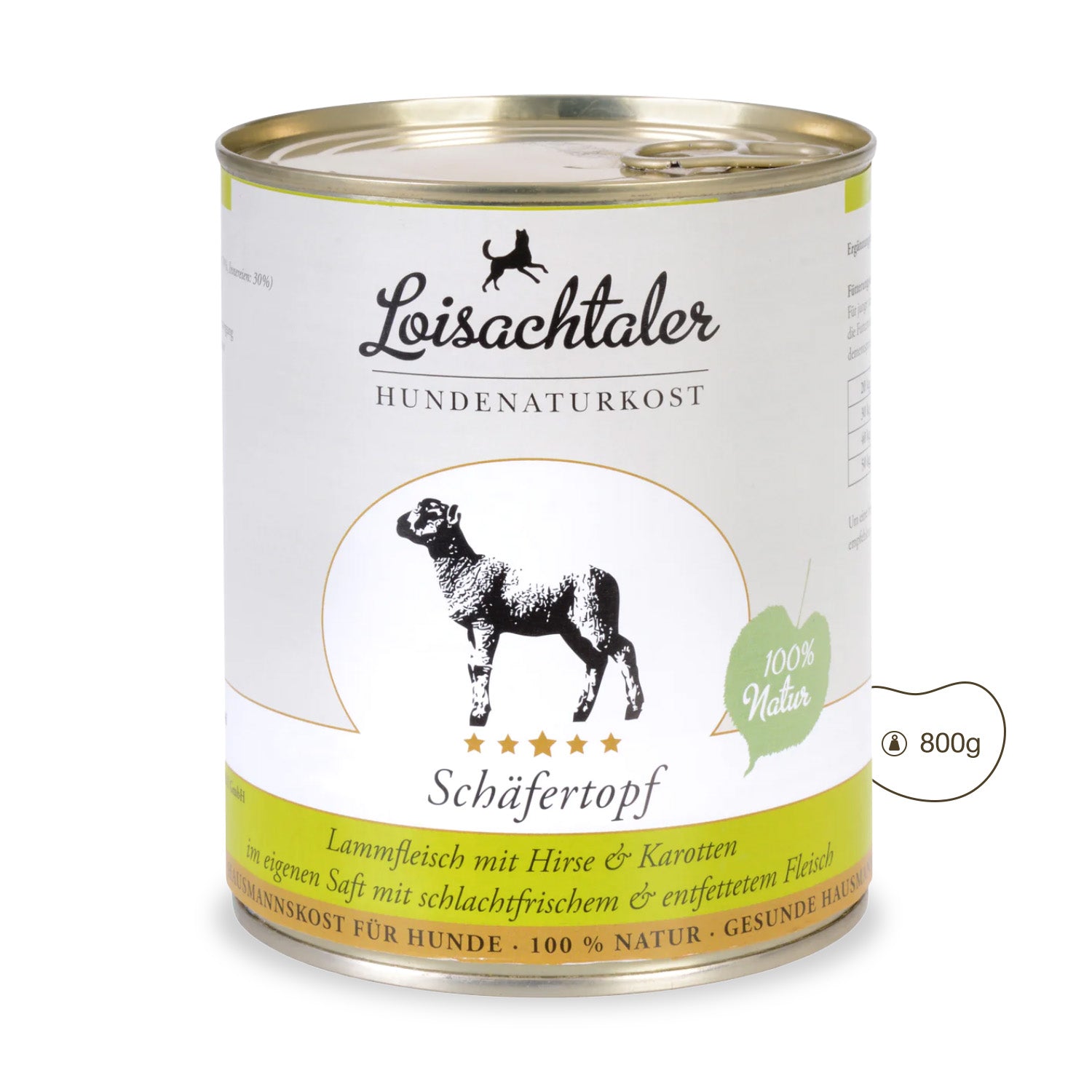 In der 800 g Dose gibt es den Loisachtaler Natur-Hundefutter Schäfertopf.