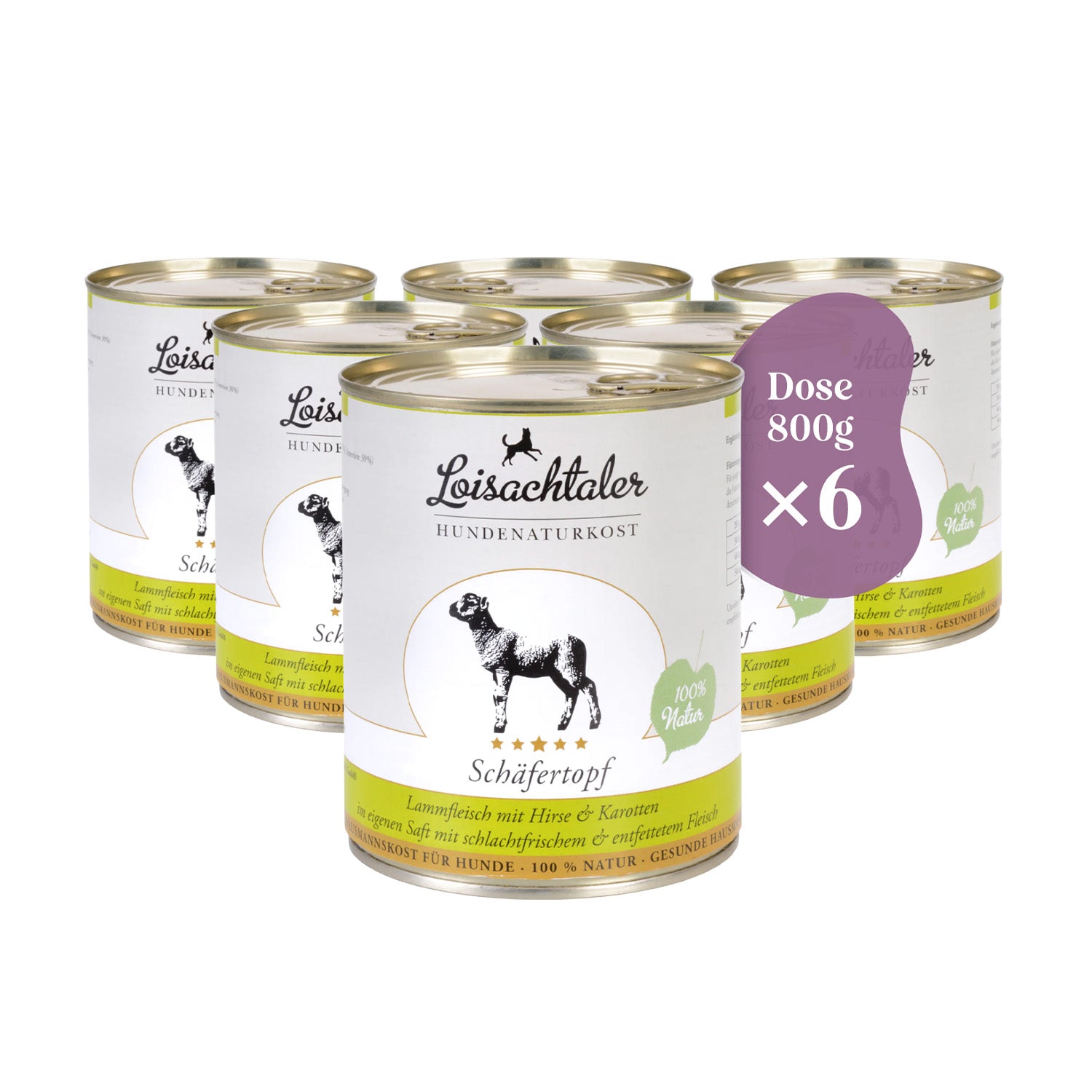 Die Hundnaturkost Loisachtaler - Schäfertopf gibt es im Sparpack von 6 x 800 g Dosen.