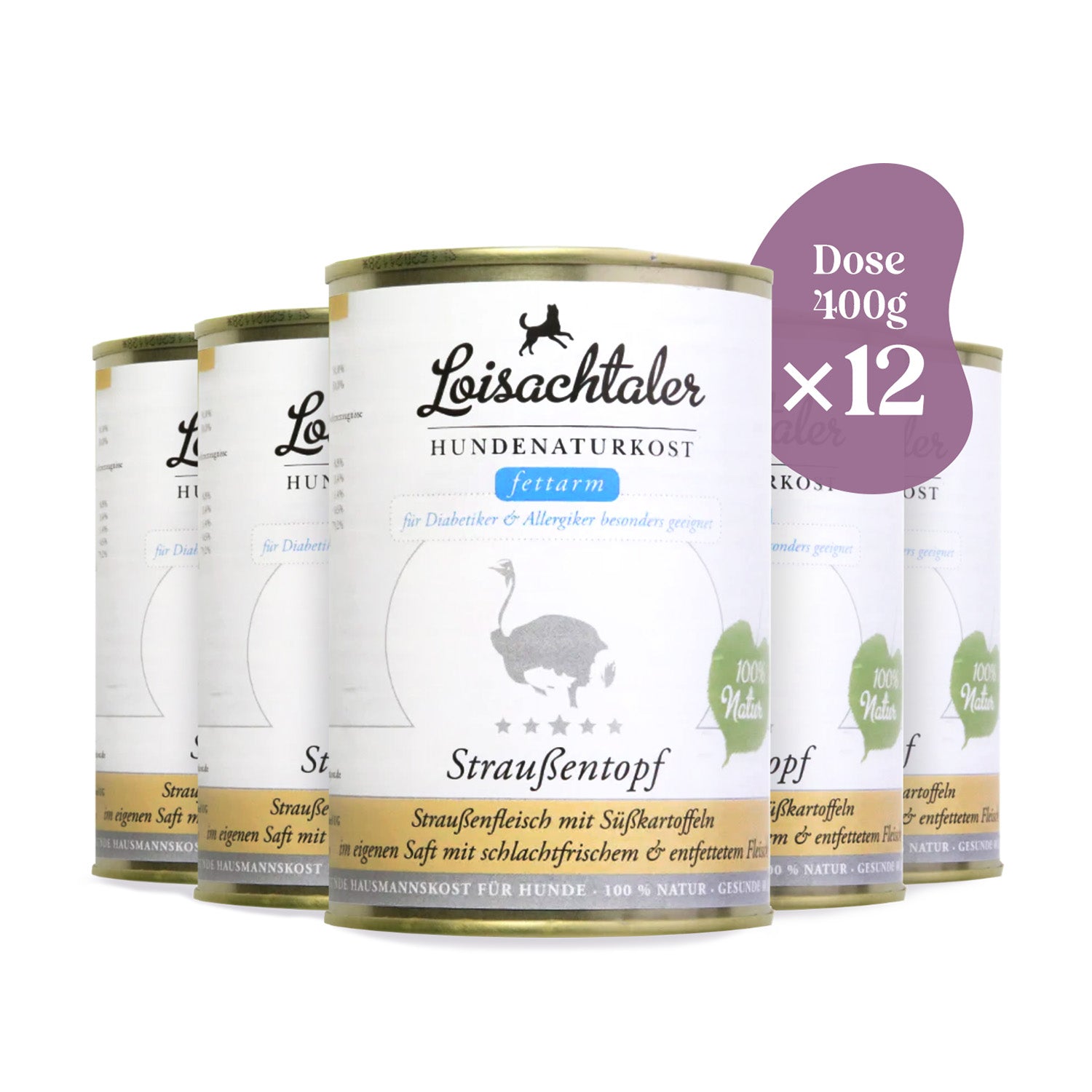 Das Sparpack von Loisachtaler - Straussentopf besteht aus 12 x 400 g Hundedosenfutter.