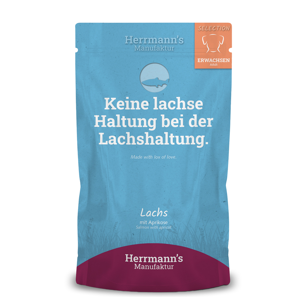 Herrmanns Erwachsen Lachs | Aprikose Kartoffel und Chiasamen | Pouch-PetsFinest