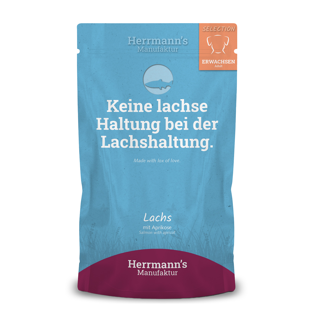 Herrmanns Erwachsen Lachs | Aprikose Kartoffel und Chiasamen | Pouch-PetsFinest
