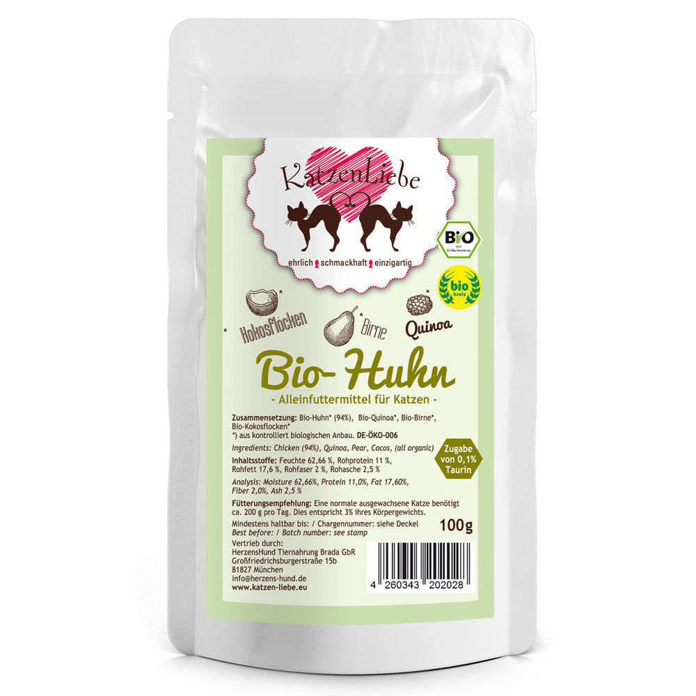 Katzenliebe | Bio-Huhn mit Bio-Quinoa, Bio-Birne, Bio-Kokosflocken-PetsFinest