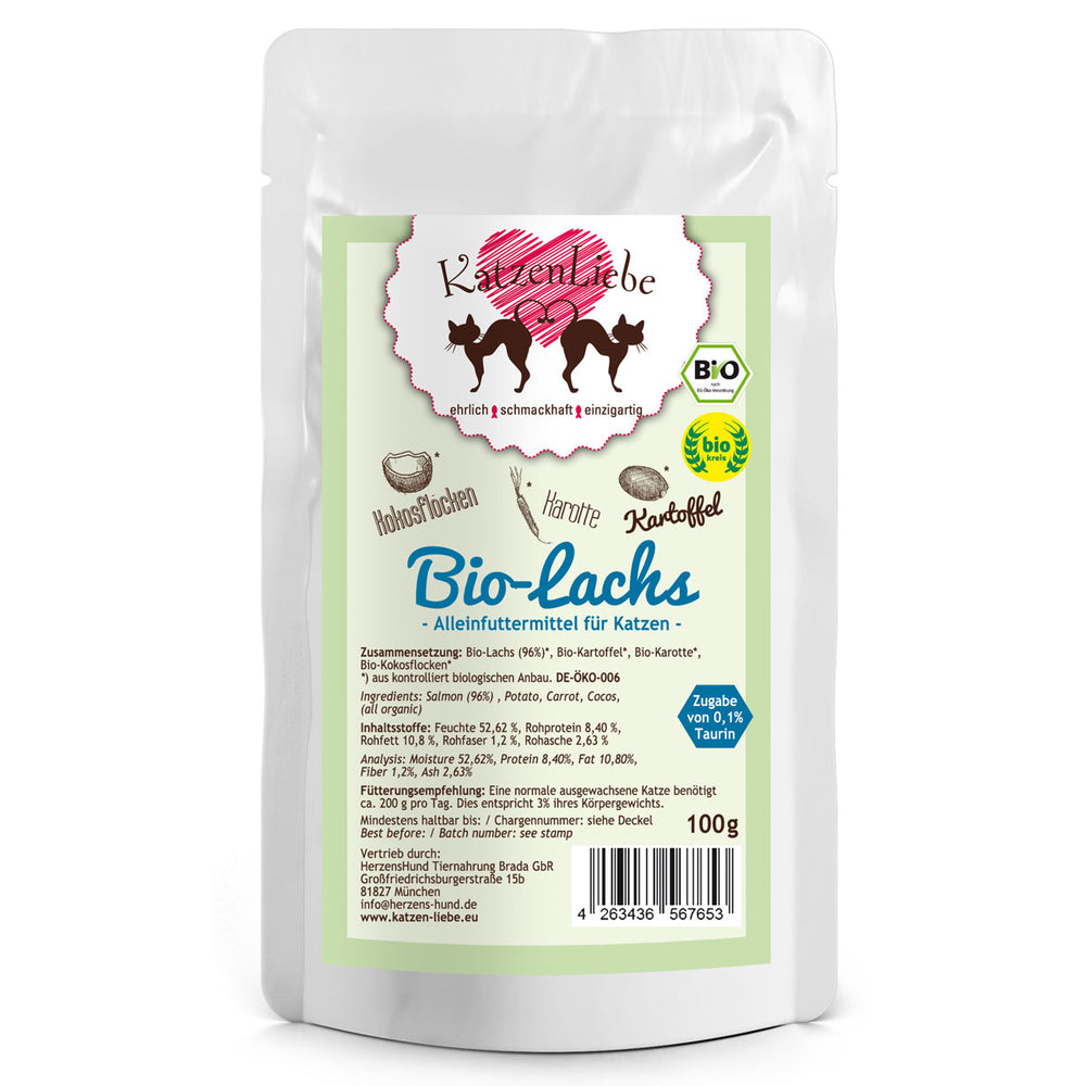 Katzenliebe | Bio-Lachs mit Bio-Kartoffel, Bio-Karotten, Bio-Kokosflocken-PetsFinest