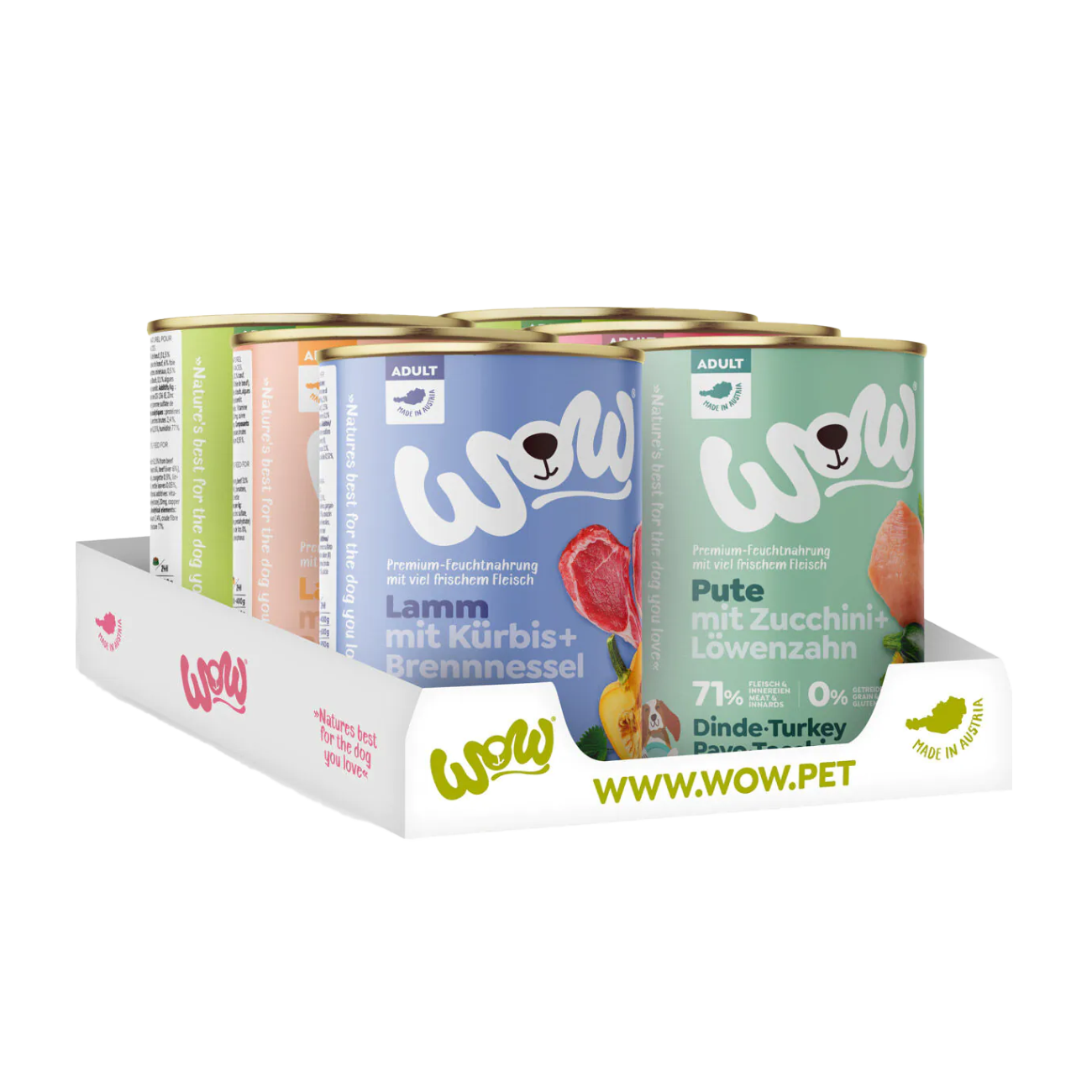 WOW | ADULT Multipack (2x Rind, 1x Lamm, 1x Pute, 1x Lachs, 1x Wild mit je 400g)-PetsFinest
