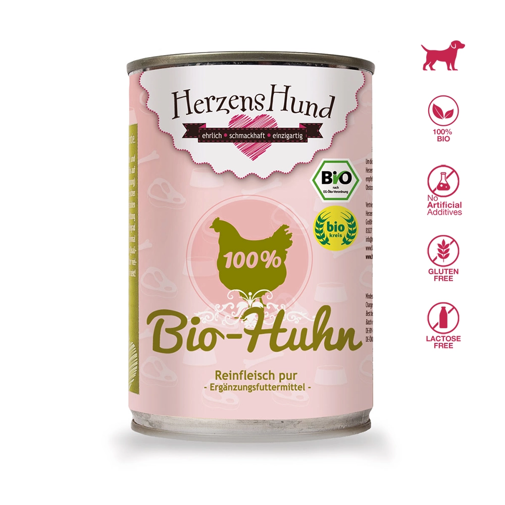 HerzensHund | Reinfleisch 100% Bio-Huhn (Brustfleisch Hälse Hühnerklein)