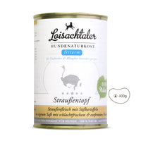 In der 400 g Hundefutterdose gibt es den gesunden Loisachtaler - Straussentopf.