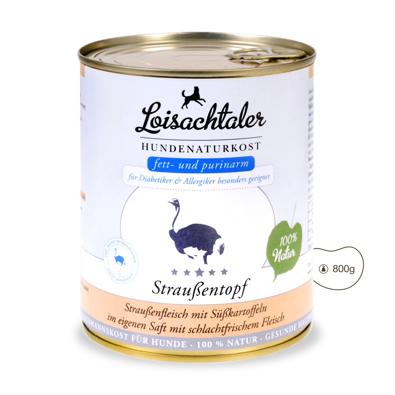 Der Loisachtaler - Straussentopf von PetsFinest ist in der 800 g Hundefutterdose erhältlich.