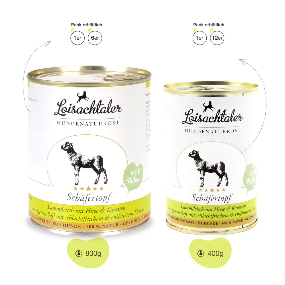 Der Loisachtaler Schäfertopf von PetsFinest ist in 2 Dosengrößen erhältlich.