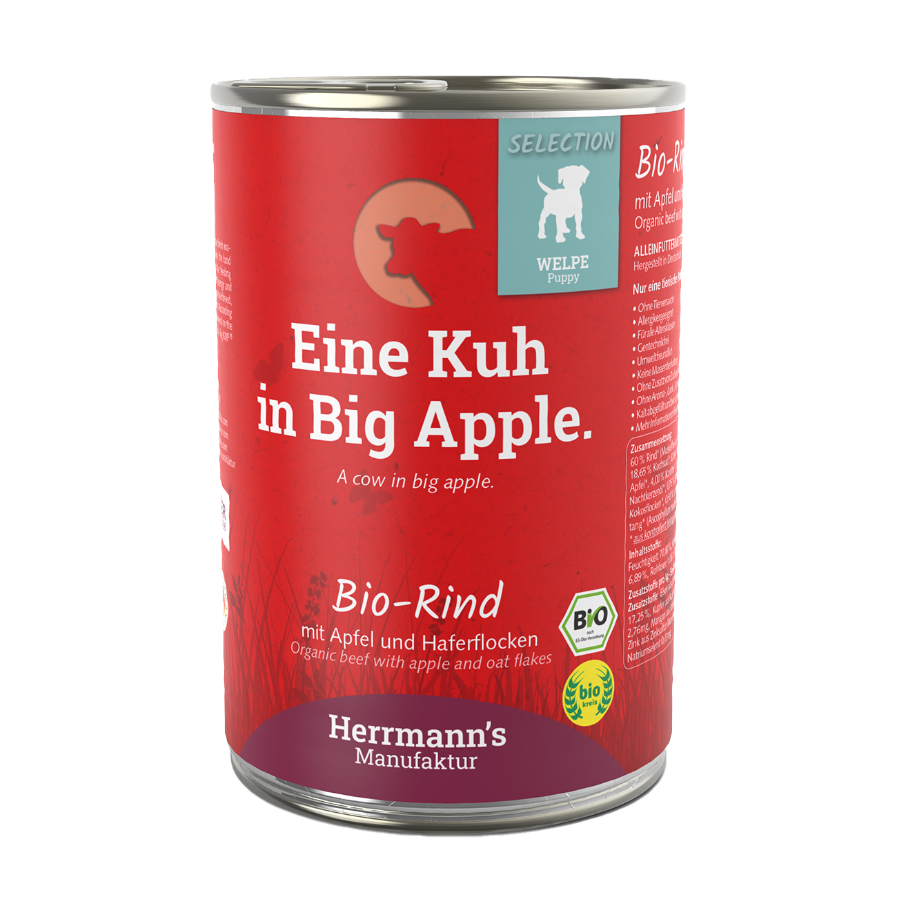 Herrmanns Welpe Bio-Rind | Apfel Karotte und Haferflocken | Dose